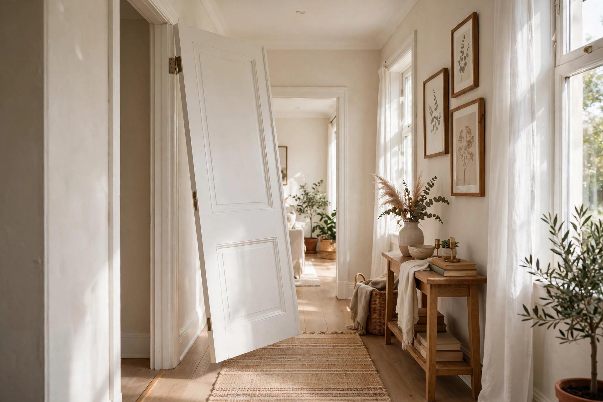 Interior door swinging freely on quiet hinges