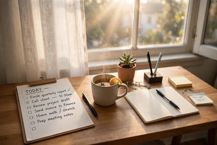 Organized desk supporting strategies for how to stop being lazy