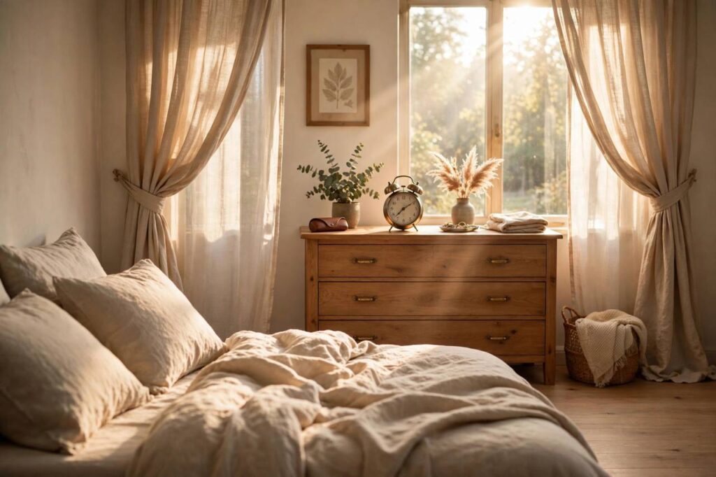 Alarm clock on a dresser across a bright bedroom, morning light through curtains