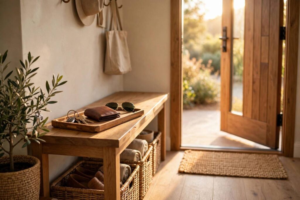 Neat entryway with a wooden tray holding keys, wallet, and sunglasses by the front door