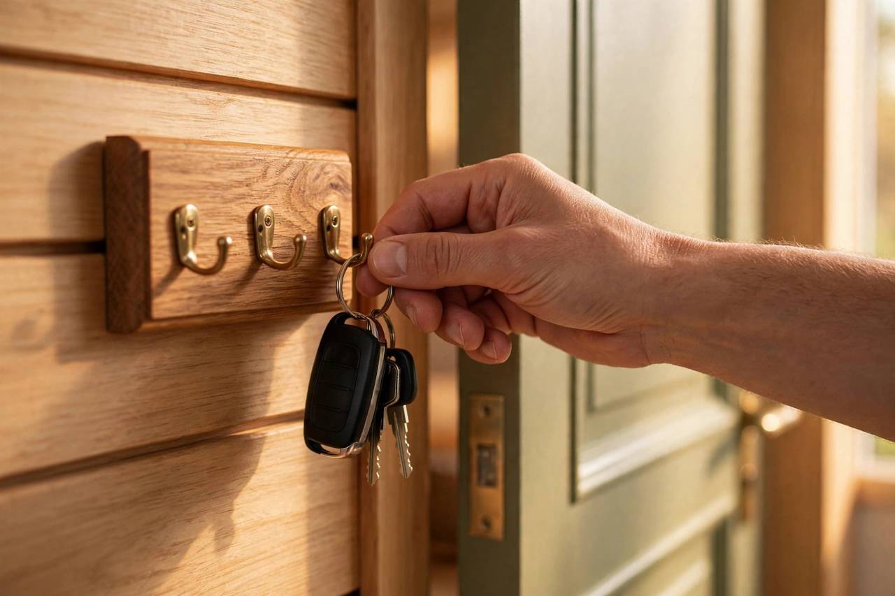 Close-up of a hand placing car keys into a wall-mounted key holder by the door