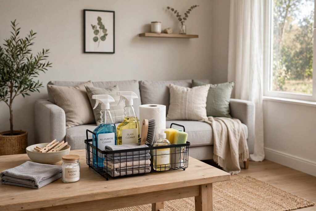 A tidy living room with cleaning supplies organized in a caddy on a table