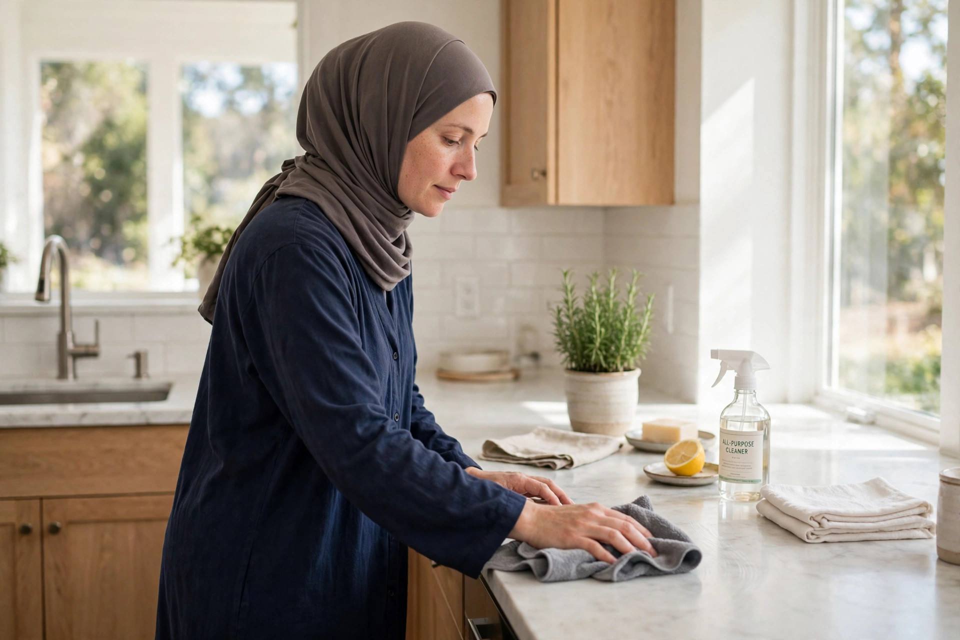Person wiping down a kitchen counter with a cloth in a bright clean kitchen
