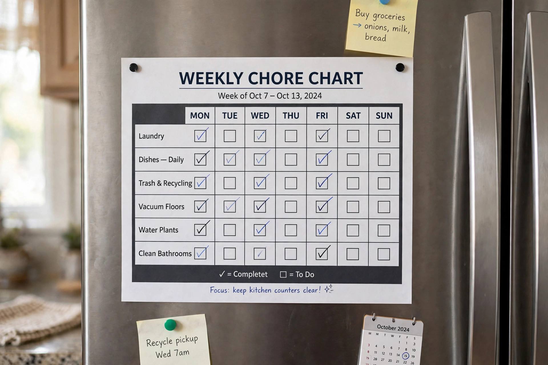 A weekly chore chart on a refrigerator door with checkboxes