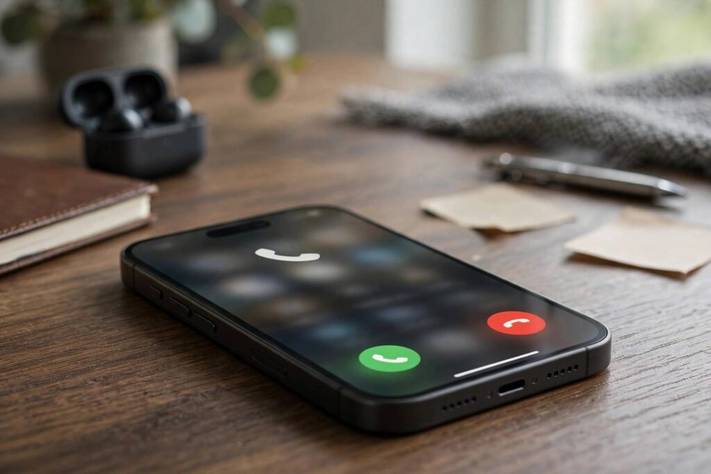 iPhone on a desk displaying an incoming call screen with an unknown number