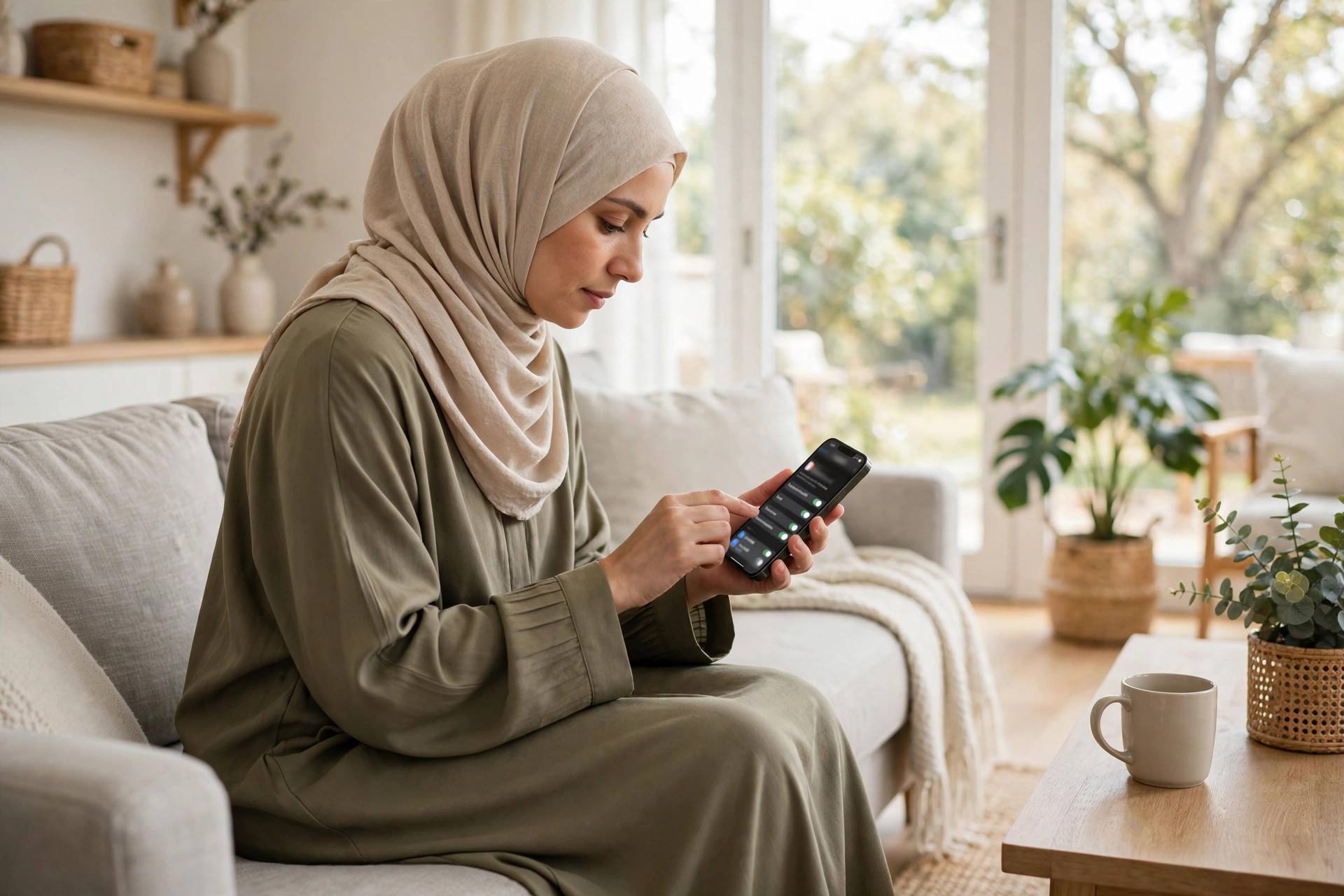Person adjusting call blocking settings on an iPhone in a bright living room