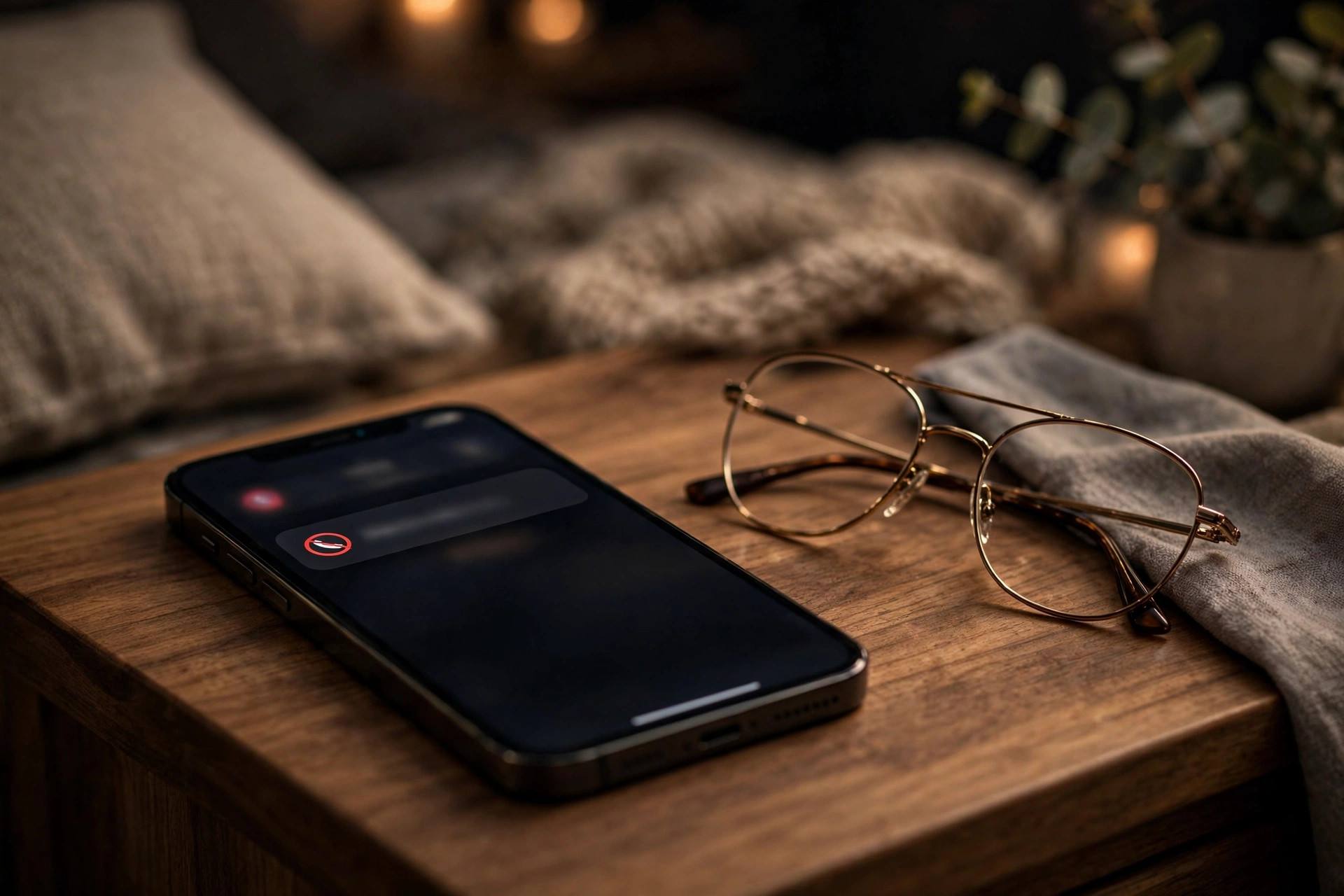 iPhone showing a blocked call notification on a nightstand beside a pair of glasses