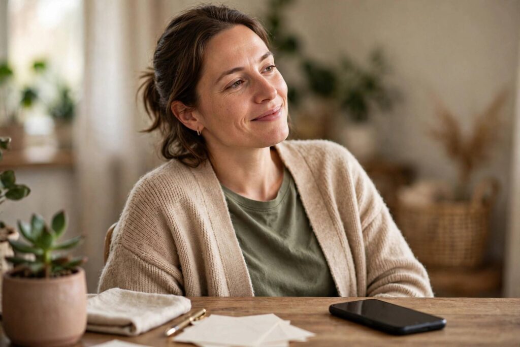 Relieved smartphone user after blocking spam calls, peaceful phone on desk