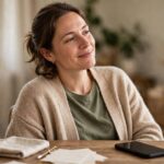 Relieved smartphone user after blocking spam calls, peaceful phone on desk