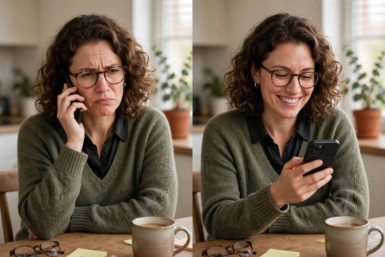 Frustrated person declining a spam call, then smiling after enabling call blocking features
