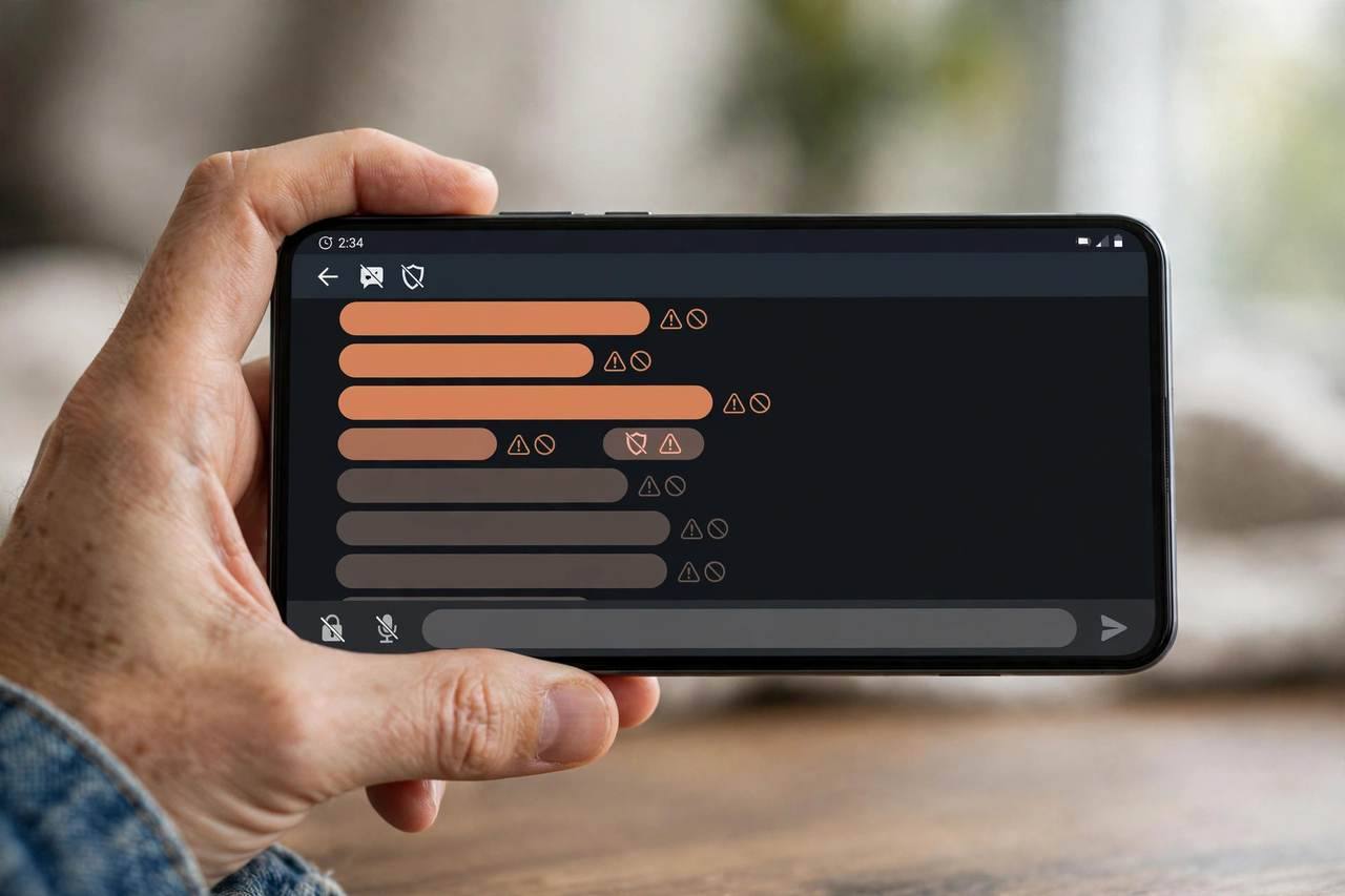 Hand holding Android phone with a blocked spam text conversation visible