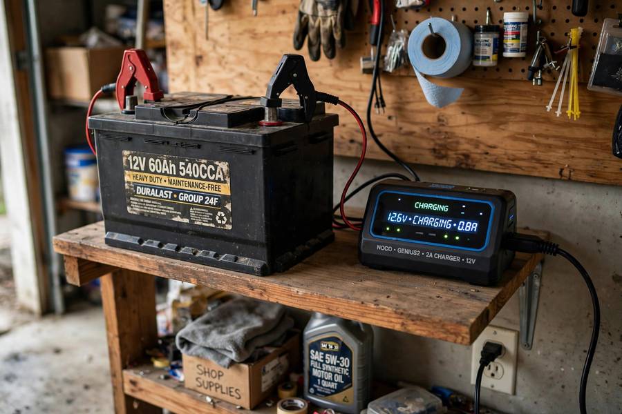 Battery in storage connected to a maintainer, how to store a car battery long term