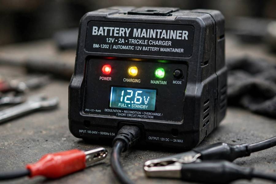 Battery maintainer indicator lights for long term car battery storage
