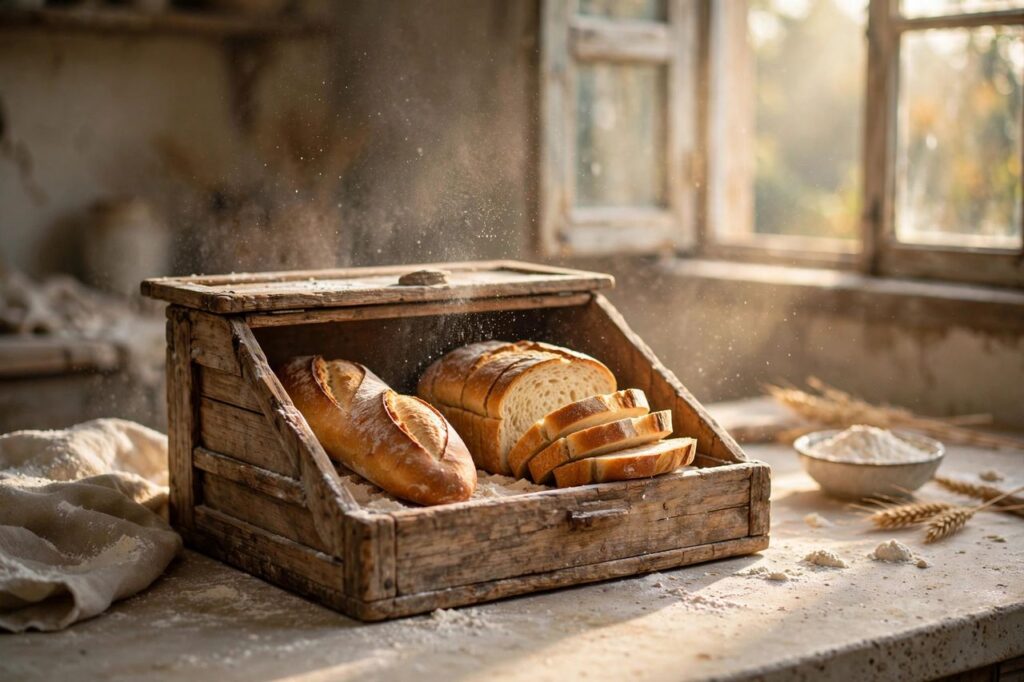 A rustic wooden bread box holding a crusty baguette and a sliced sandwich loaf on a bakery-style kitchen counter