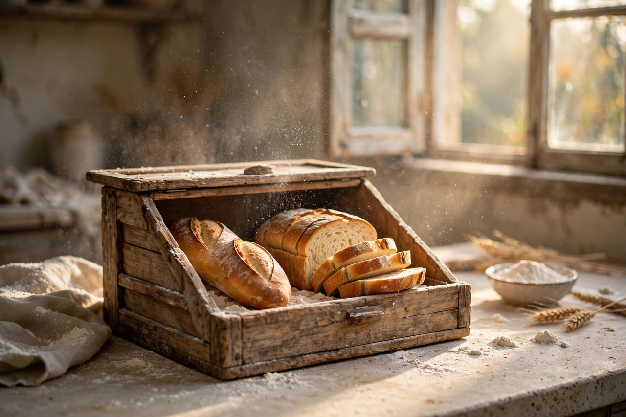 A rustic wooden bread box holding a crusty baguette and a sliced sandwich loaf on a bakery-style kitchen counter