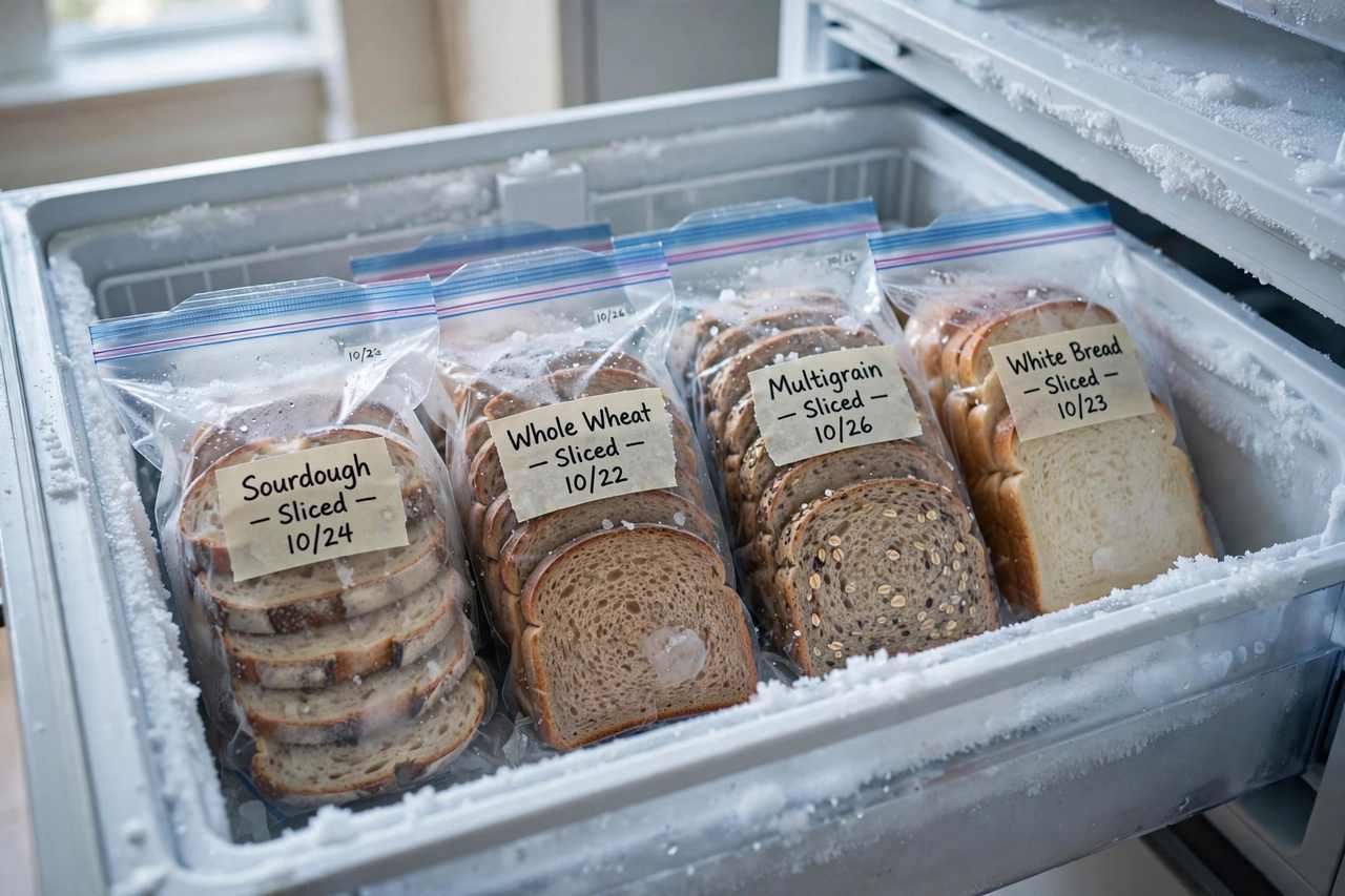 Sliced sandwich bread packed in labeled freezer bags arranged in a kitchen freezer drawer