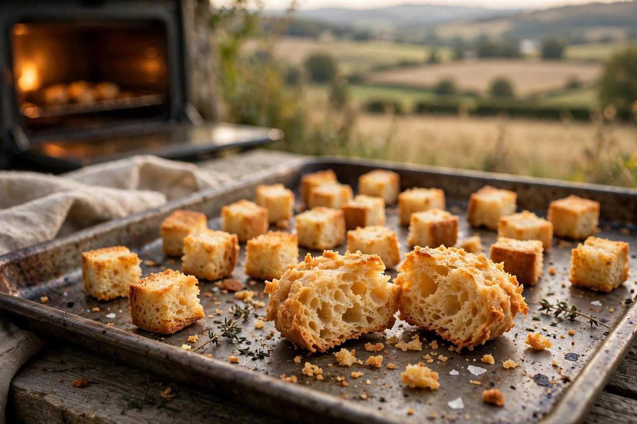 Golden homemade croutons made from stale bread cooling on a baking tray