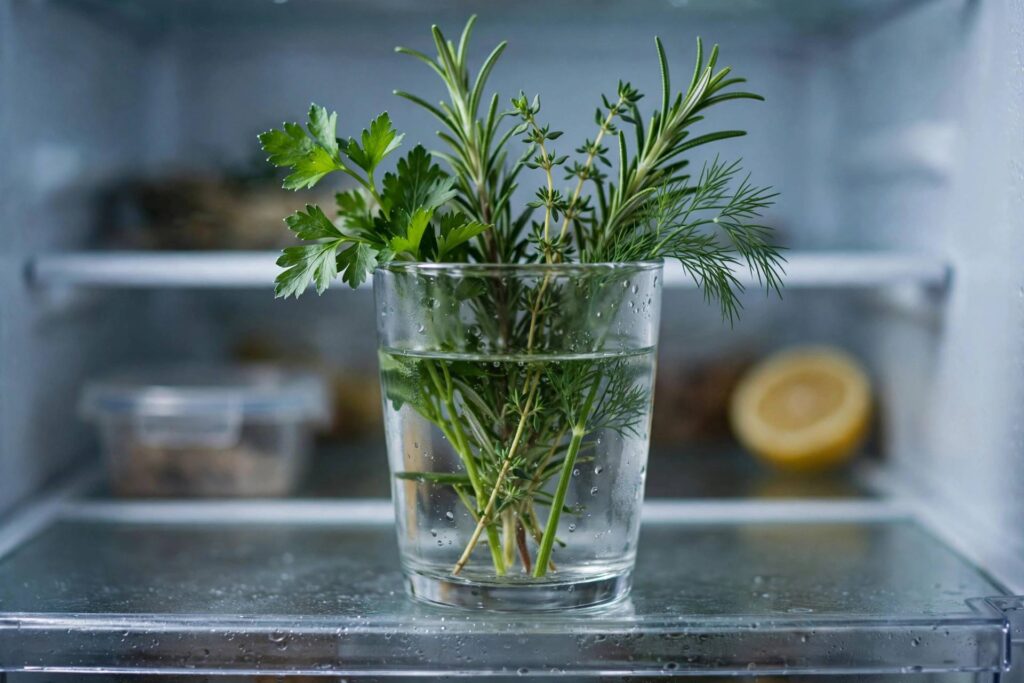 Fresh herbs stored upright in a glass of water in the refrigerator