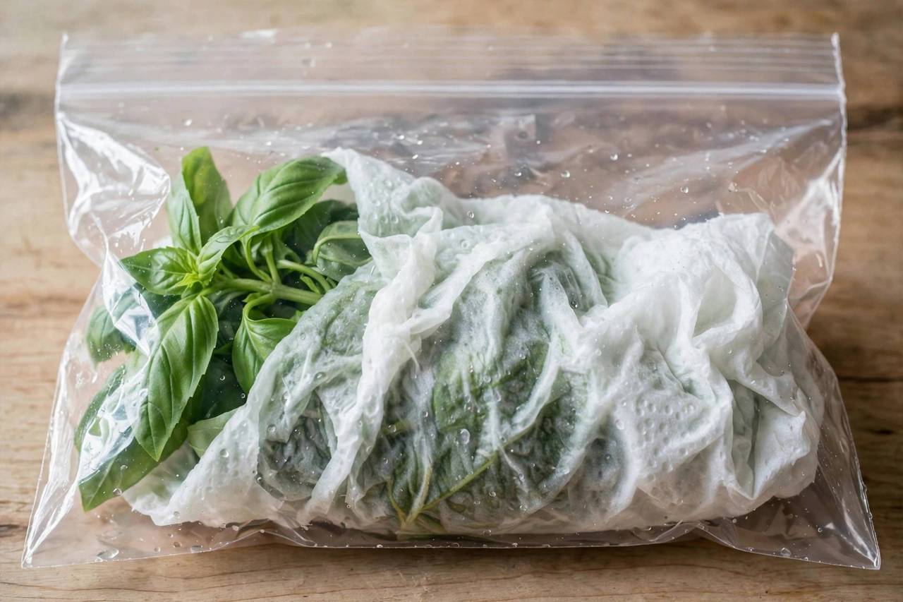 Fresh herbs stored upright in a glass of water in the refrigerator