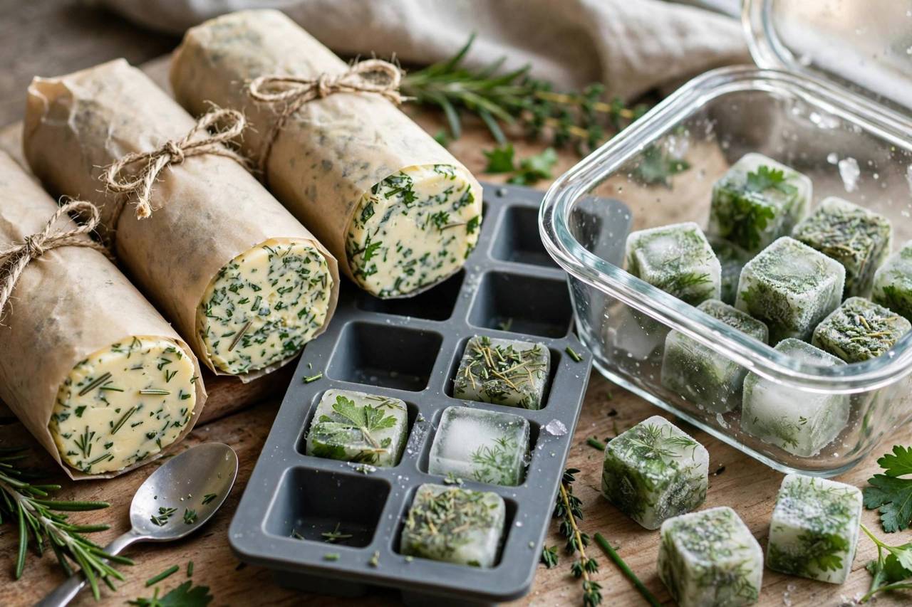 Herb butter logs and frozen herb cubes prepared for storage