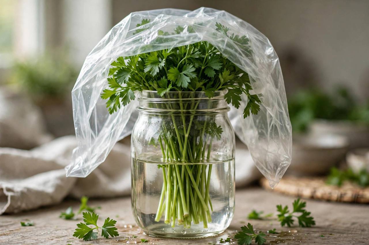 Bunch of parsley stems trimmed and standing in a water-filled mason jar with a produce bag tented loosely over the top
