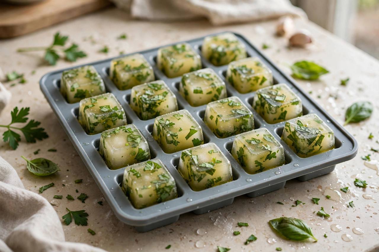 Ice cube tray filled with chopped basil and parsley frozen in olive oil cubes on a kitchen counter