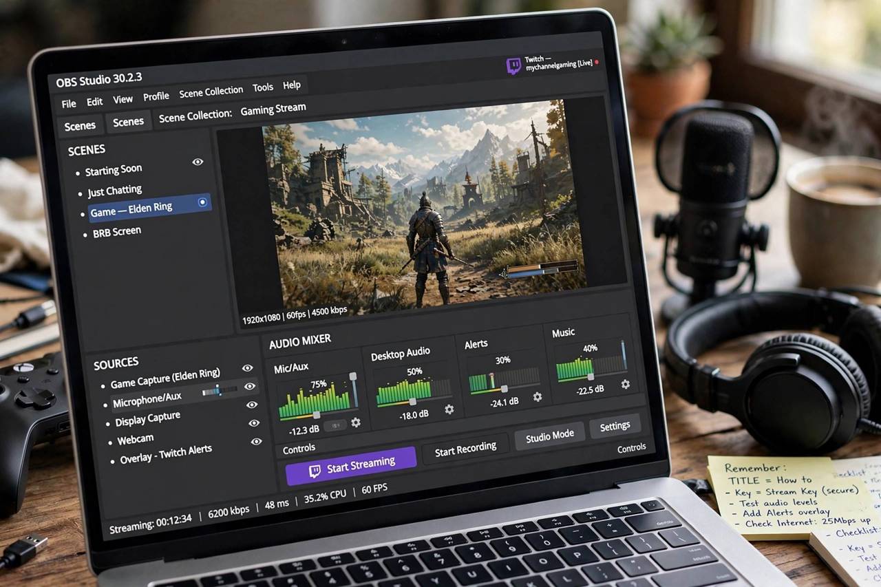 Close-up of streaming software interface with scene and audio controls