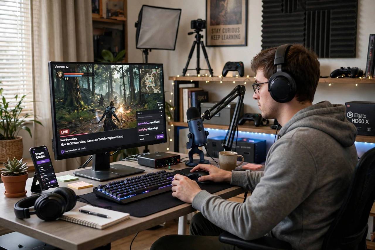 Streamer wearing headphones playing video games in a home studio