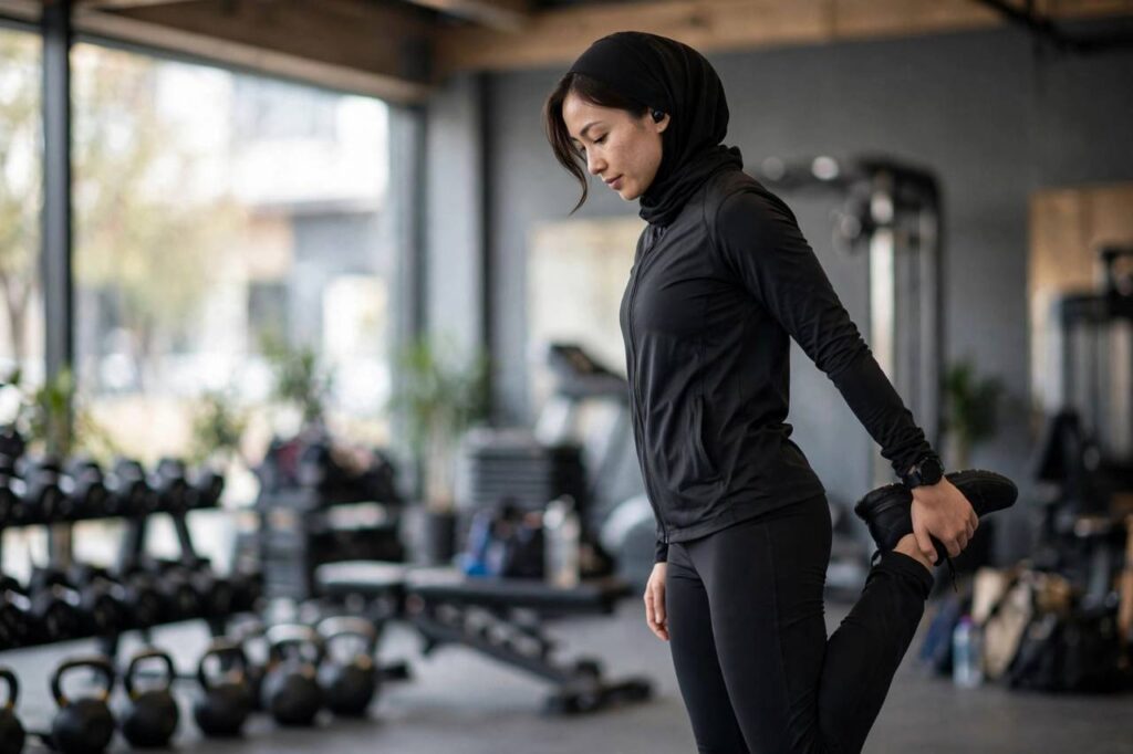 Person in modest full-coverage athletic wear doing a standing quad stretch in a gym after a workout