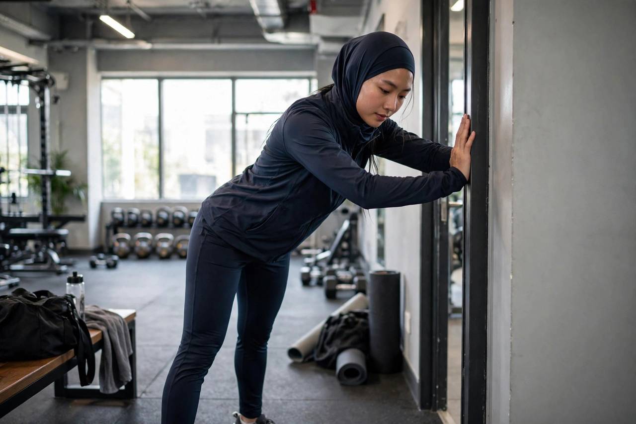 Person in modest full-coverage athletic wear performing a chest doorway stretch after upper-body training