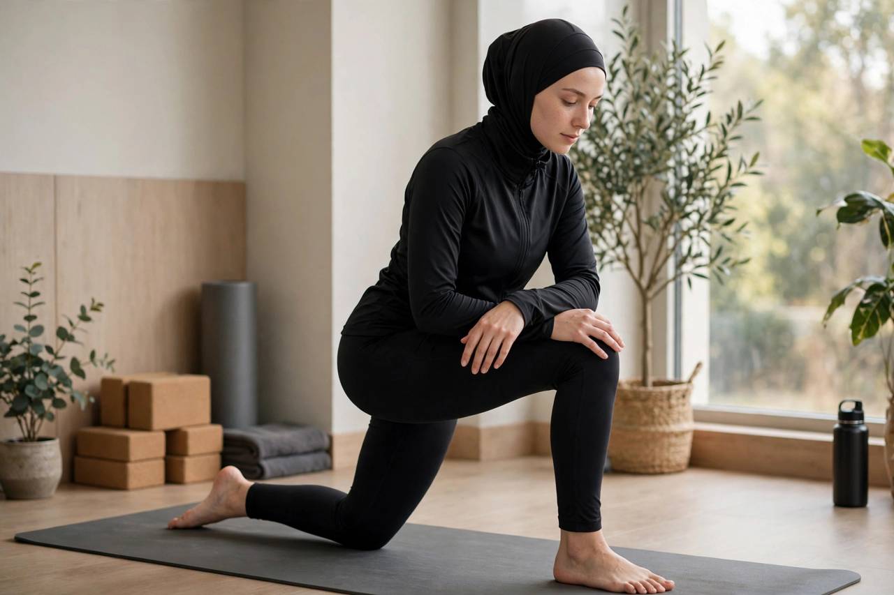 Person in modest full-coverage athletic wear doing a half-kneeling hip flexor stretch on a gym mat