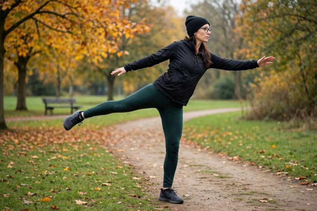 Runner warming up with dynamic stretches outdoors