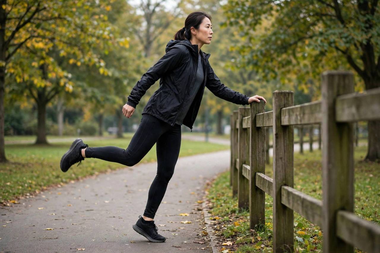 Runner doing dynamic leg swings as a warm-up