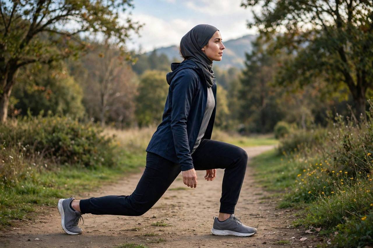 Athlete performing a walking lunge stretch outdoors