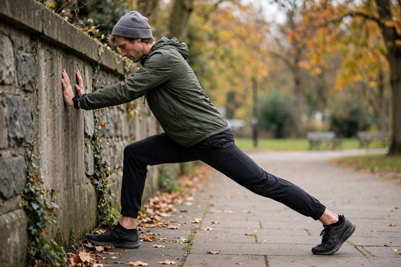 Runner stretching calves against a wall after a run