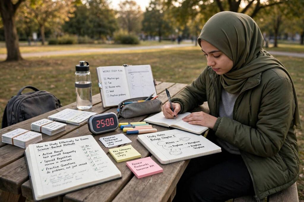 Student studying effectively with organized notes and a timer on a desk