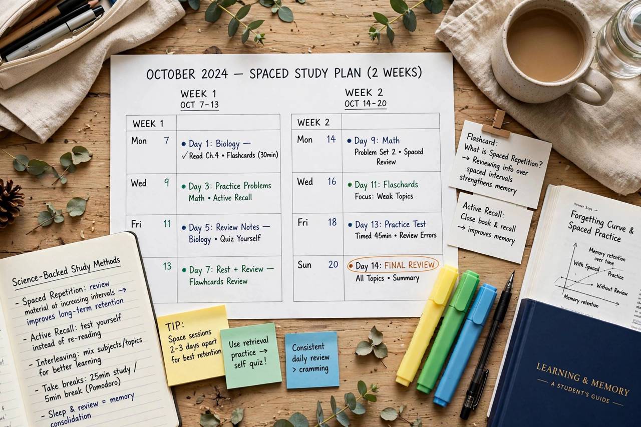 Calendar showing spaced study sessions planned across two weeks