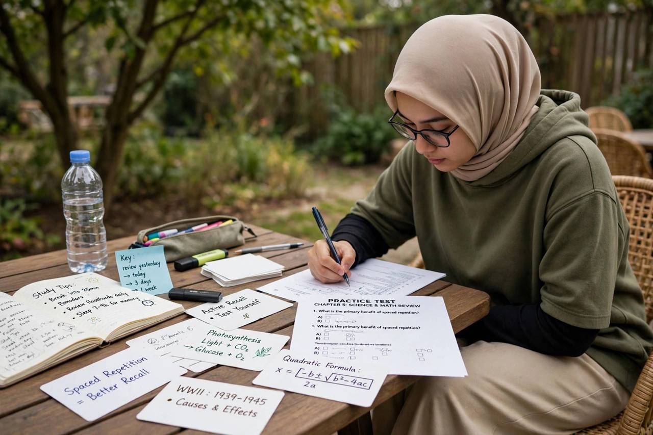 Student taking a practice test with flashcards spread on a table