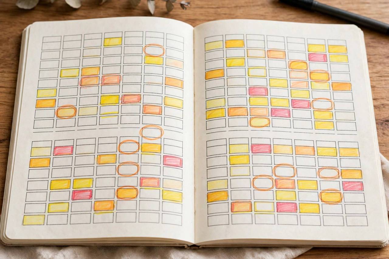 Open notebook showing a spaced repetition study schedule with highlighted dates