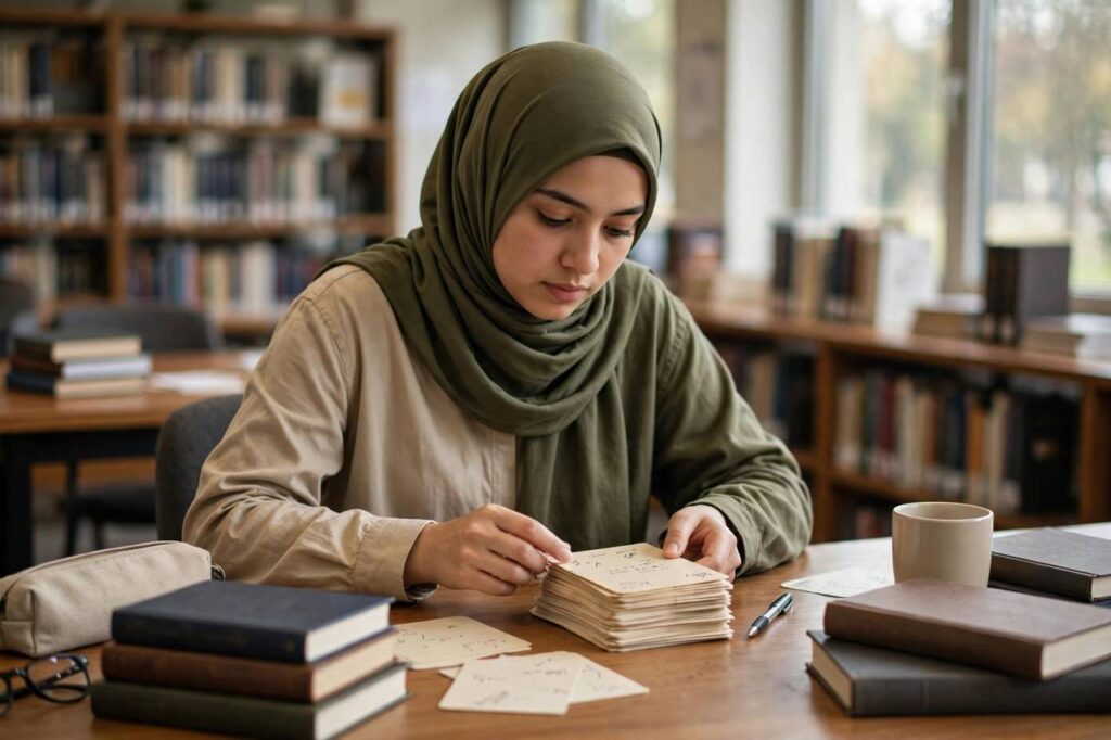 Student in modest full-coverage clothing studying with handwritten flashcards at a library desk
