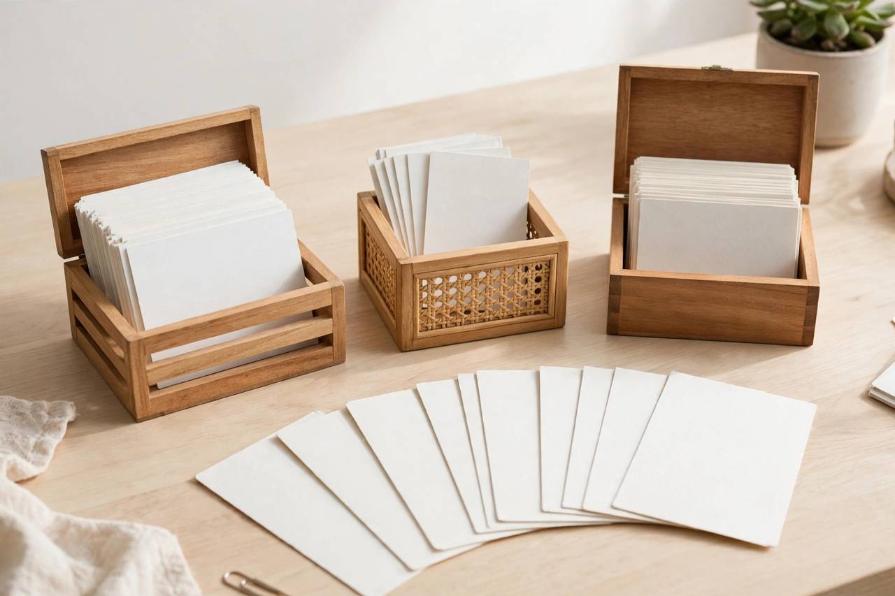 Three labeled boxes for the Leitner flashcard system with cards sorted by difficulty