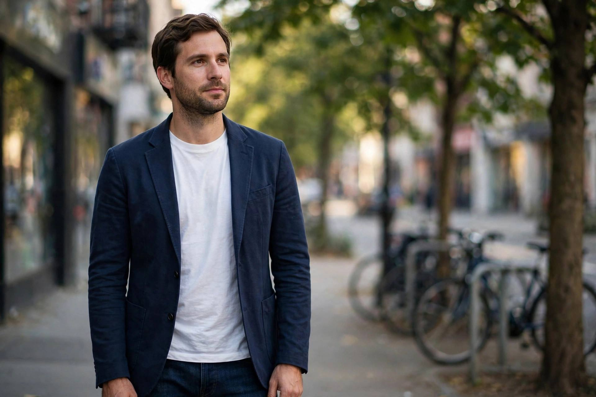 A man wearing a navy unstructured blazer over a white t-shirt with dark jeans