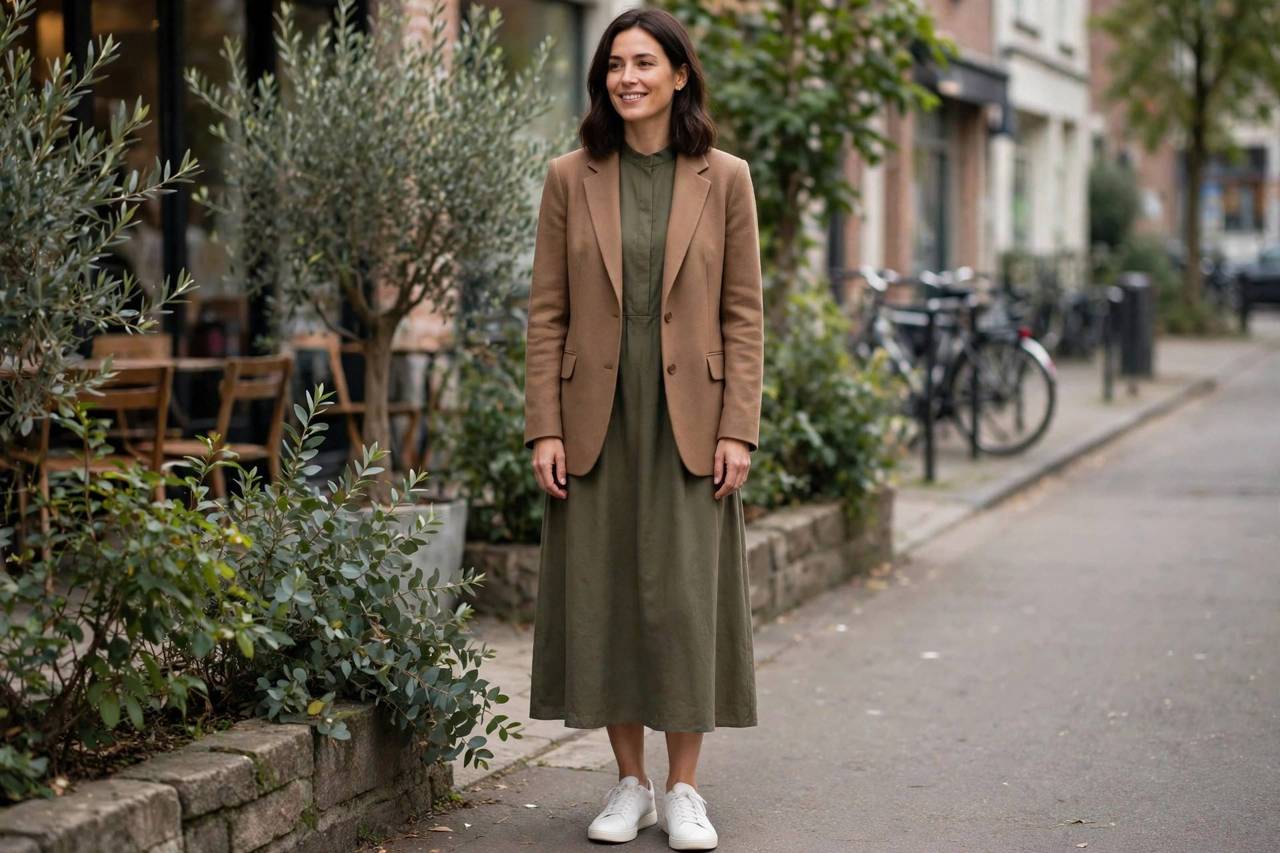 A woman in a camel blazer over a modest midi dress with white sneakers, full-length view
