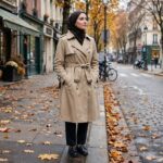 How to Style a Trench Coat for Every Occasion Woman in a classic beige trench coat with belt tied, dark trousers and loafers on a city street, modest full-coverage outfit