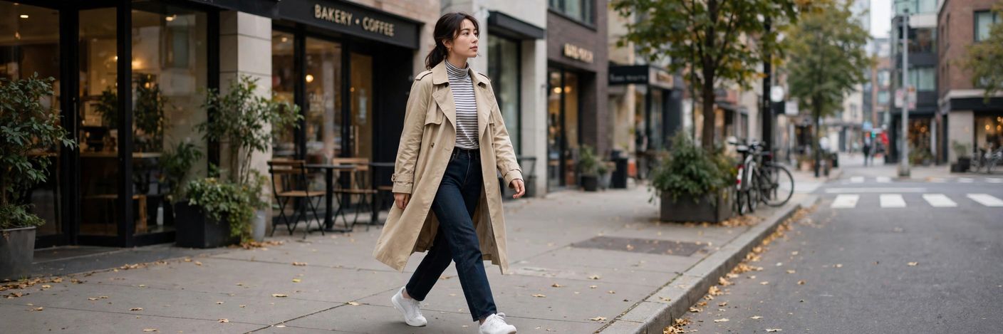Beige trench coat worn open over a striped top and jeans with white sneakers, casual street style, modest outfit