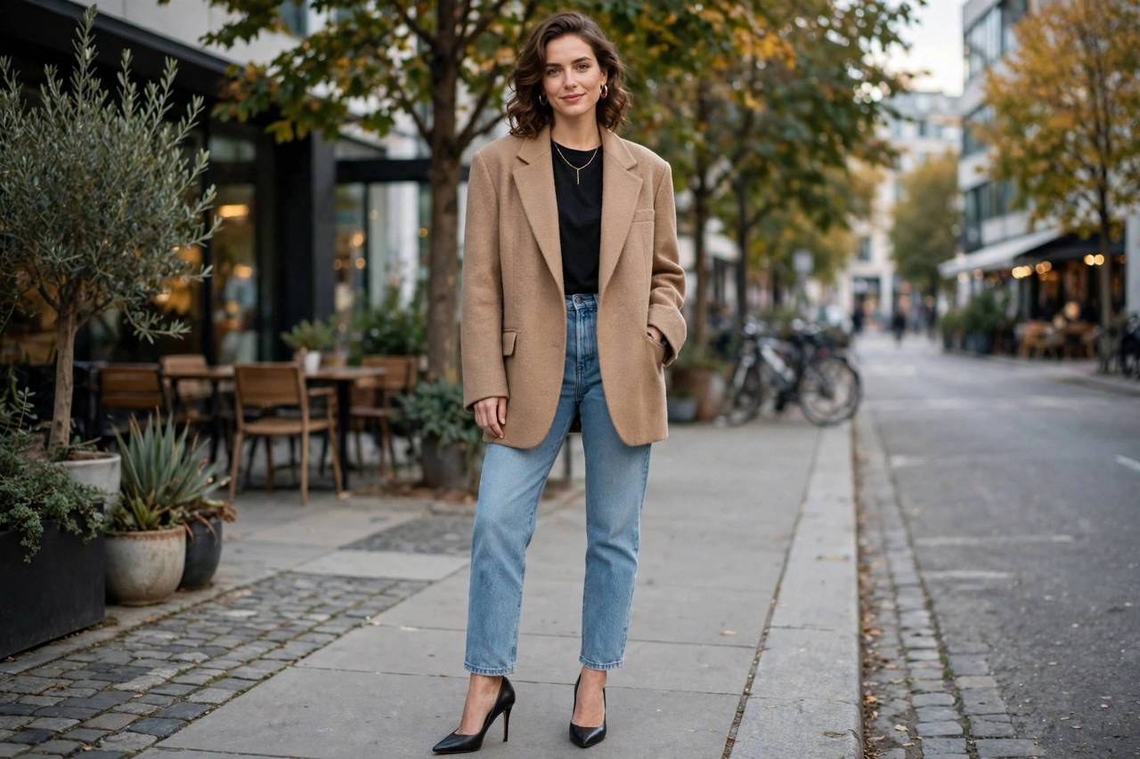 Woman wearing a chic oversized blazer with jeans and heels