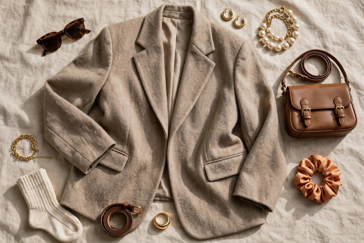 Fashion flat lay of an oversized blazer with accessories