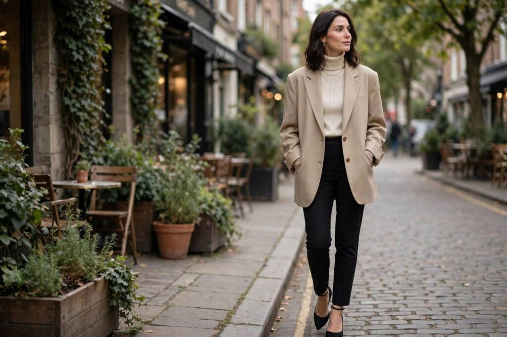 Woman wearing an oversized beige blazer with slim trousers and heels