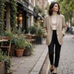 How to Style Oversized Clothes Without Looking Swamped Woman wearing an oversized beige blazer with slim trousers and heels