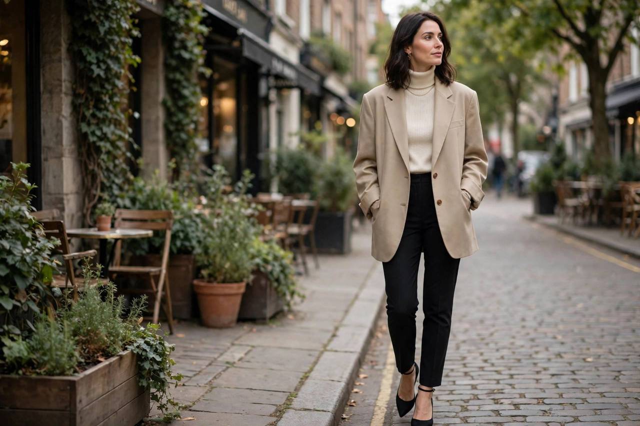 Woman wearing an oversized beige blazer with slim trousers and heels